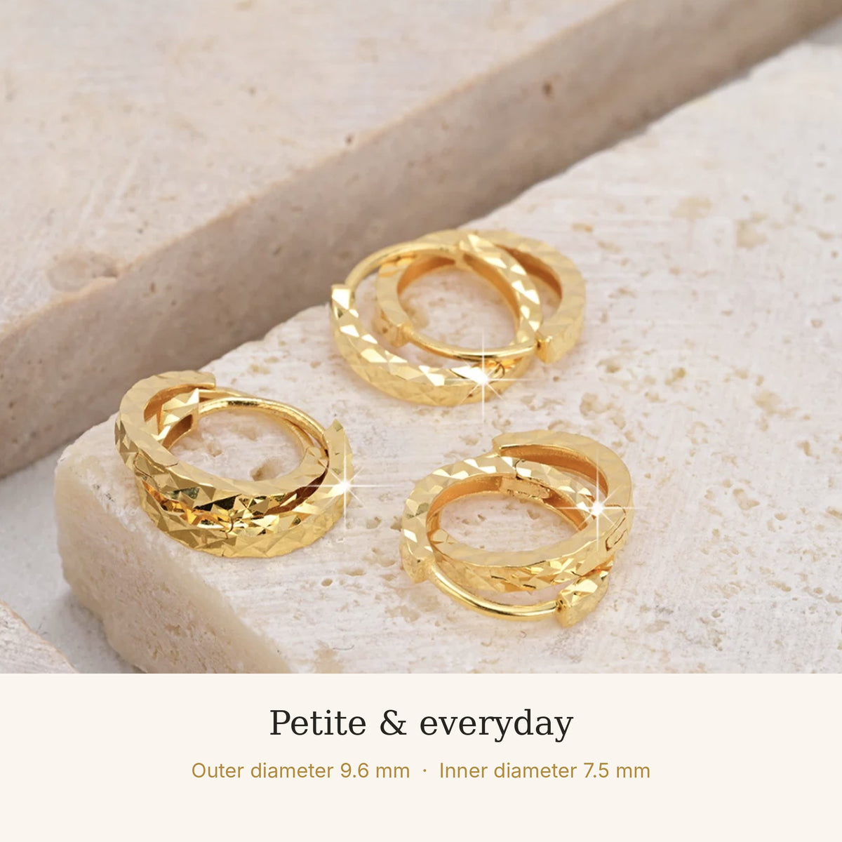 18K Solid Gold Diamond-Cut Mini Huggie Hoops – 9.6 mm
