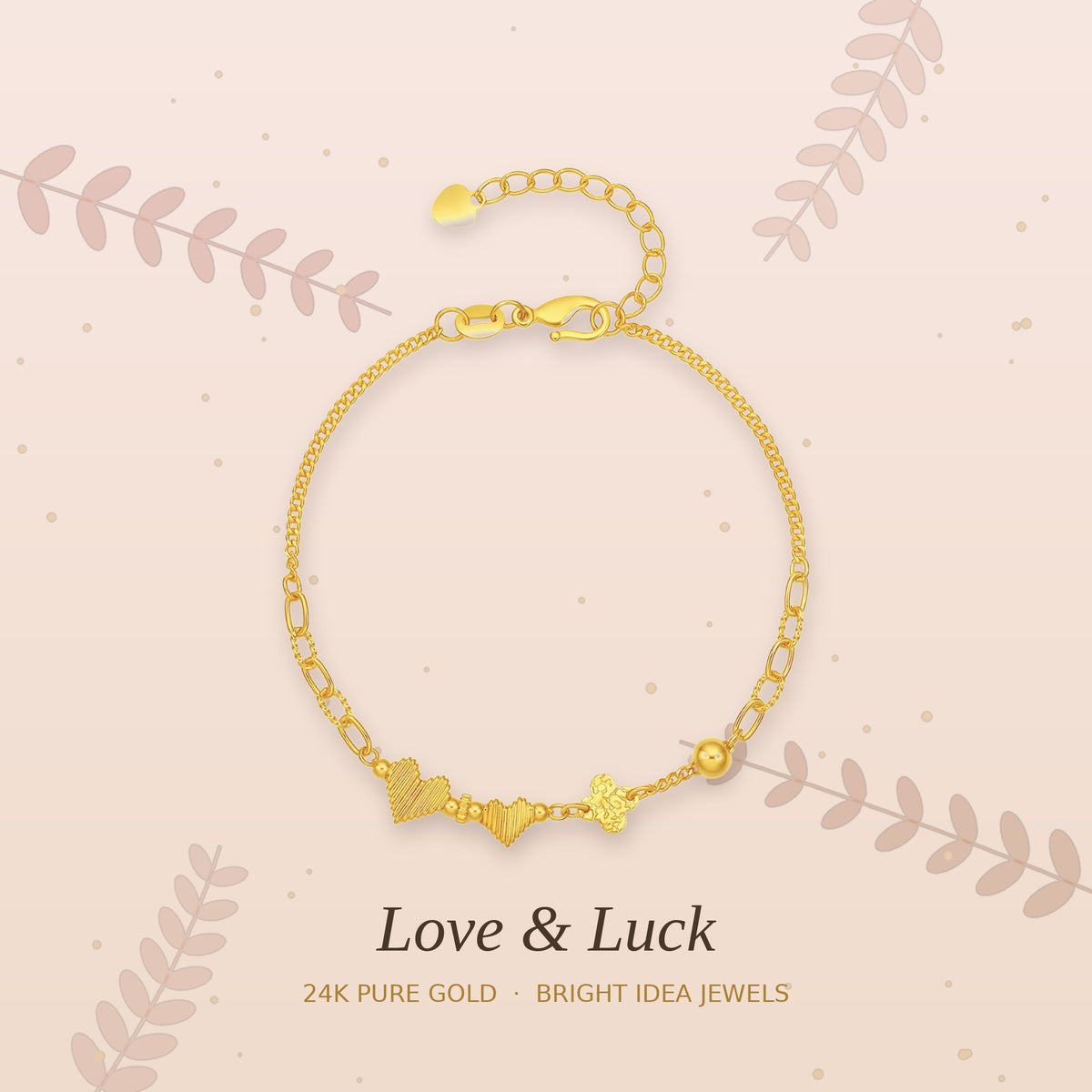 24K Pure Gold Heart & Clover Charm Bracelet