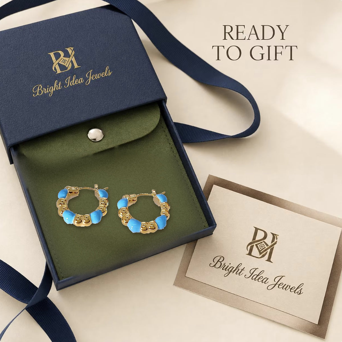 18K Solid Gold Blue Enamel Bubble Hoops