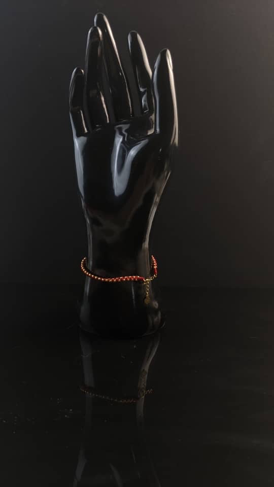 18K Solid Gold Diamond-Cut Bead Burgundy Cord Bracelet