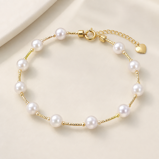 18K Gold Sea Water Pearl Bracelet, 5-6mm Round Pearls, Elegant Minimalist Style