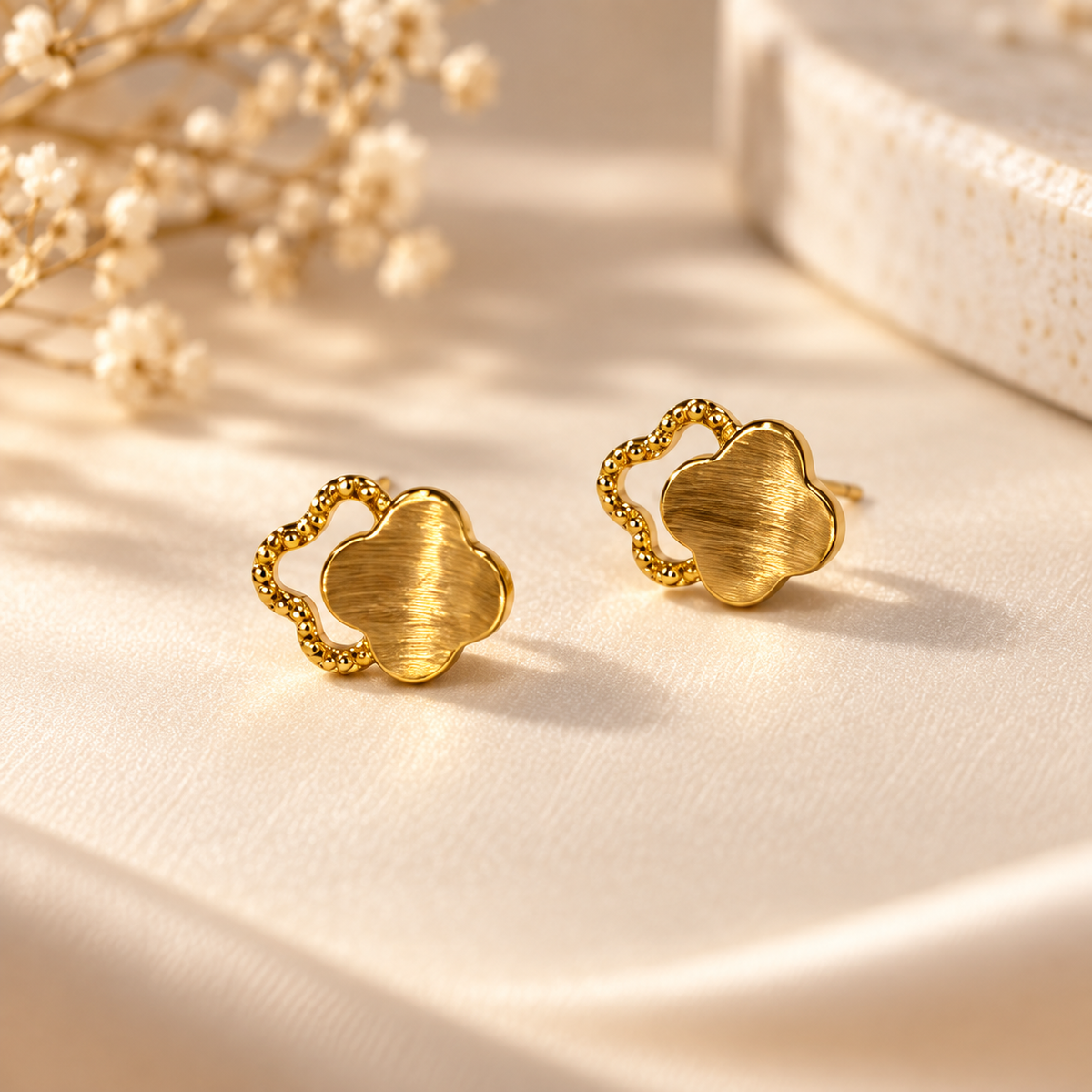 18K Solid Gold Clover Stud Earrings, Brushed Yellow Gold, Lucky Charm Jewelry
