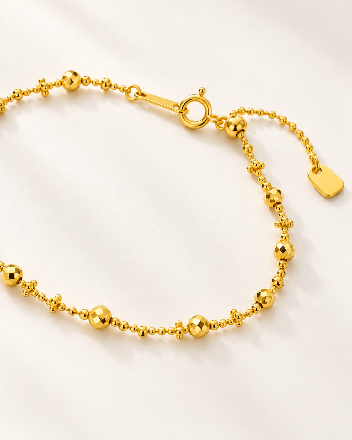 18K Solid Gold Faceted Bead Bracelet, Adjustable Dainty Chain, Minimalist Fine Jewelry