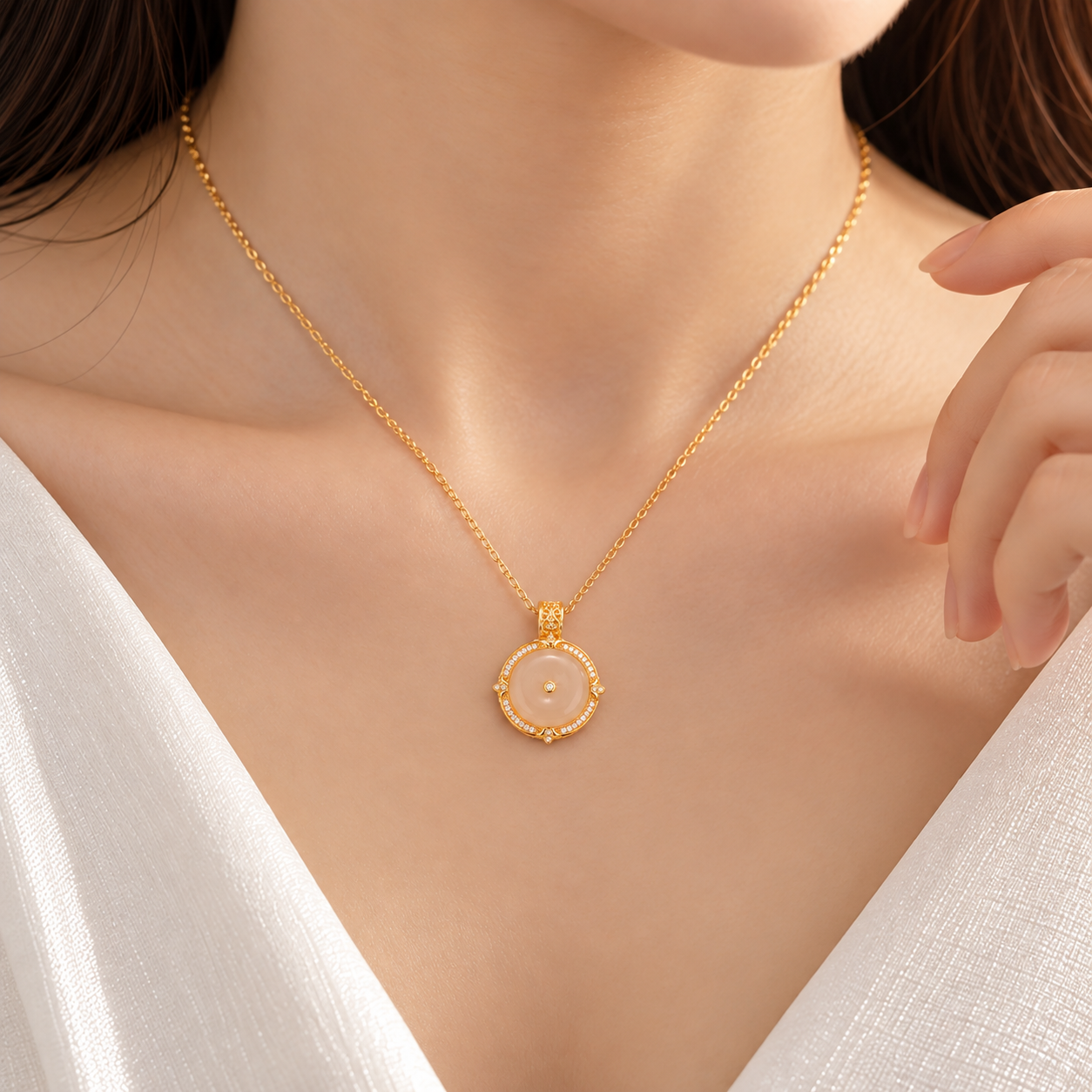 18K Solid Gold Hetian Jade Pendant, Pink Lotus Root, Clear Stones, Vintage Style