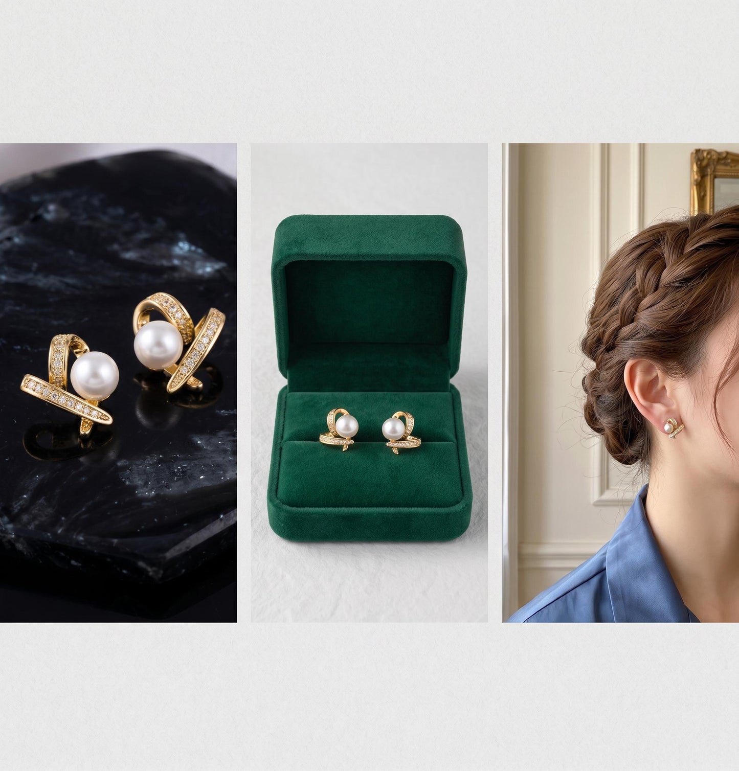 18K Solid Gold Heart Pearl Stud Earrings Gift Women