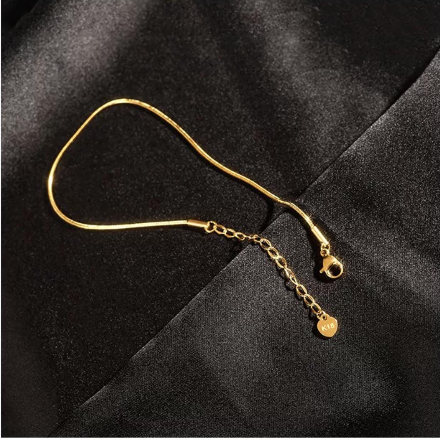 18K Solid Gold Snake Chain Anklet | Adjustable Waterproof Summer Jewelry