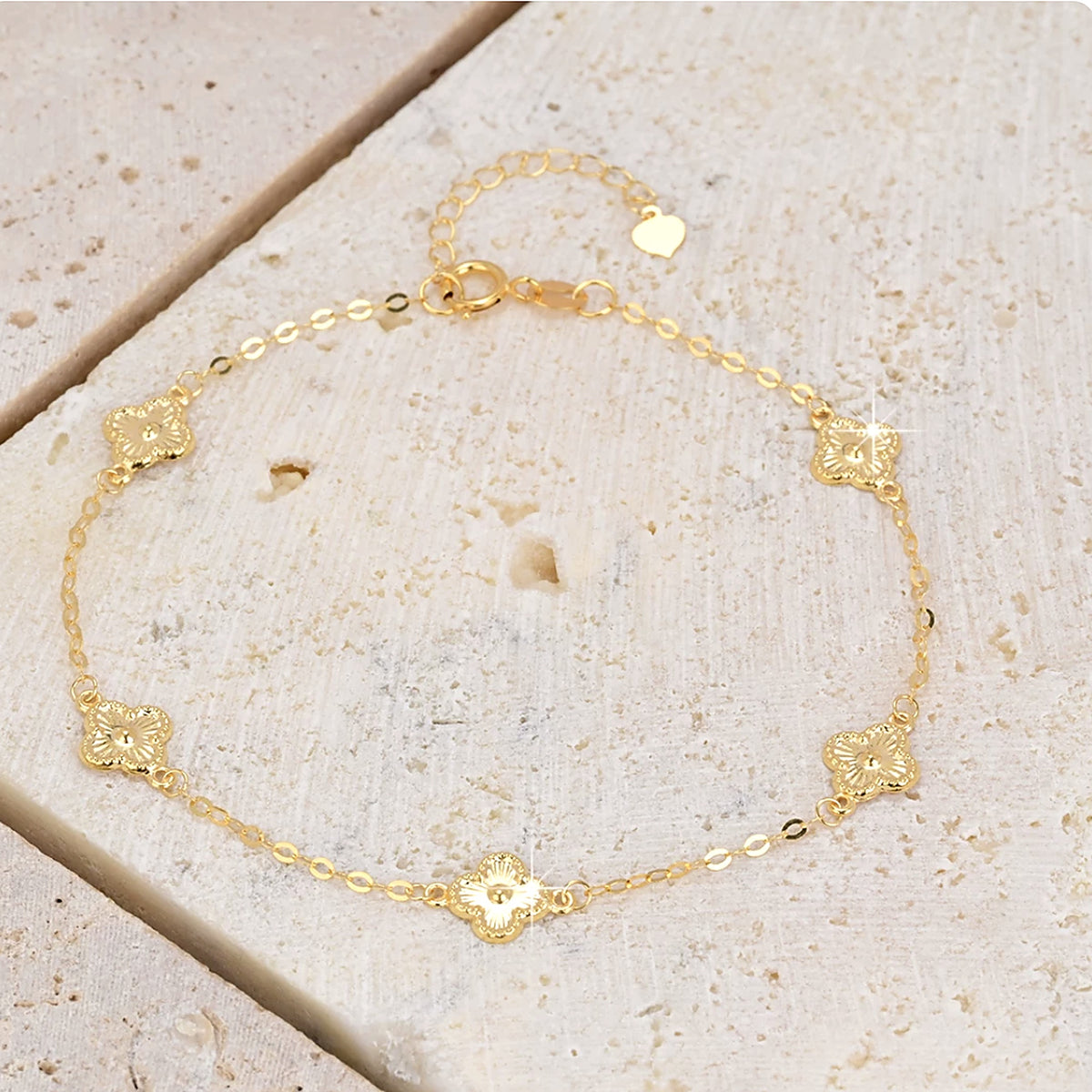 18K Solid Gold Vintage Flower Station Bracelet