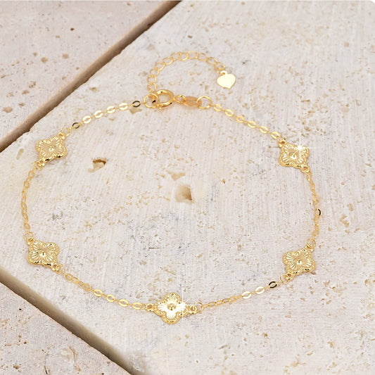 18K Solid Gold Vintage Flower Station Bracelet