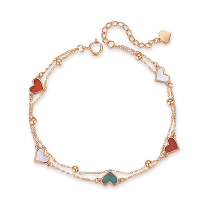 18K Rose Gold Double Chain Heart Bracelet with Agate, Mother of Pearl & Malachite