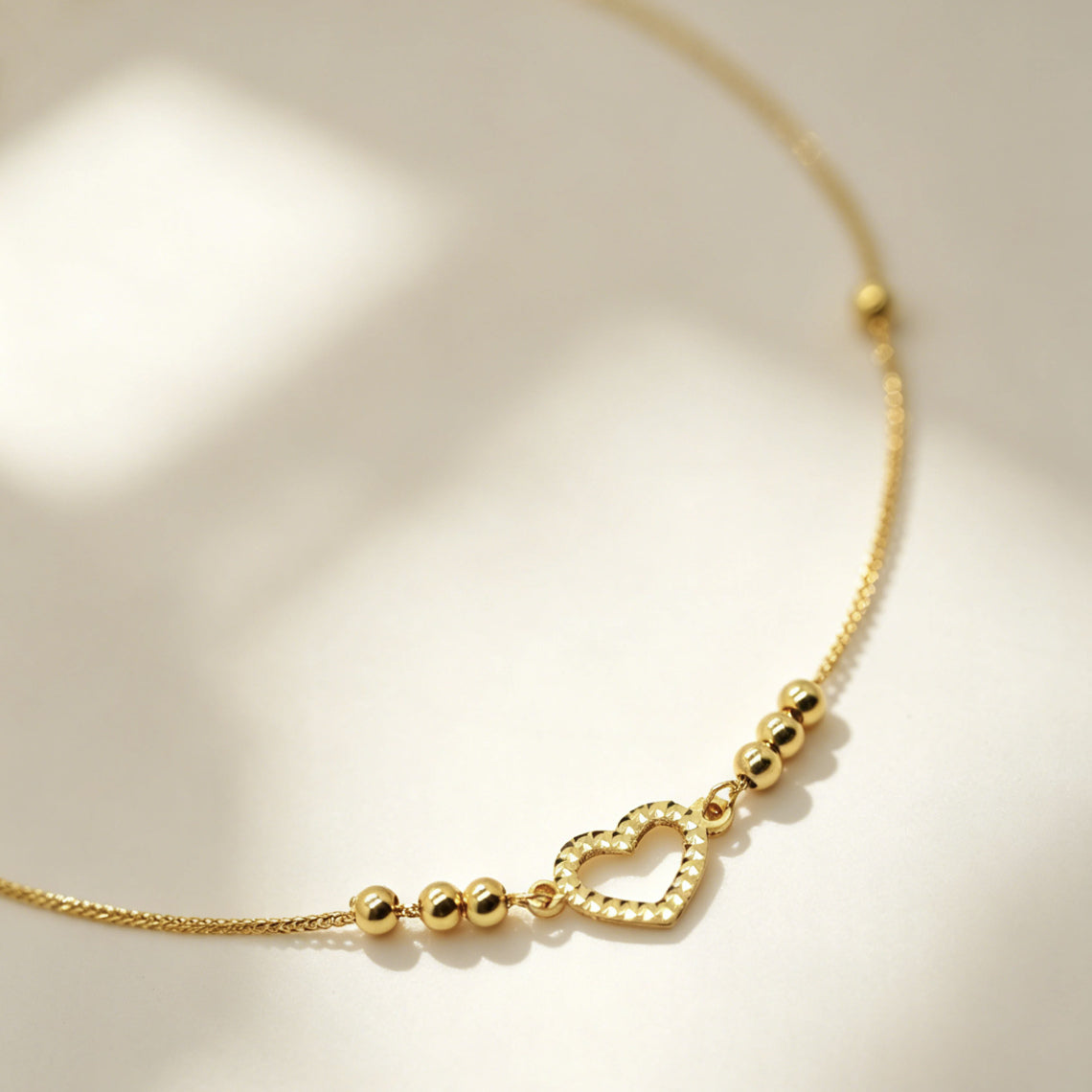 18K Solid Gold Open Heart Bracelet – Dainty Bead Chain with Diamond-Cut Heart