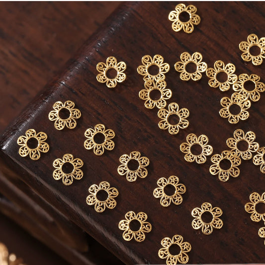 18K Solid Gold Filigree Flower Bead Caps – 4mm or 5mm Spacers, Pack of 4