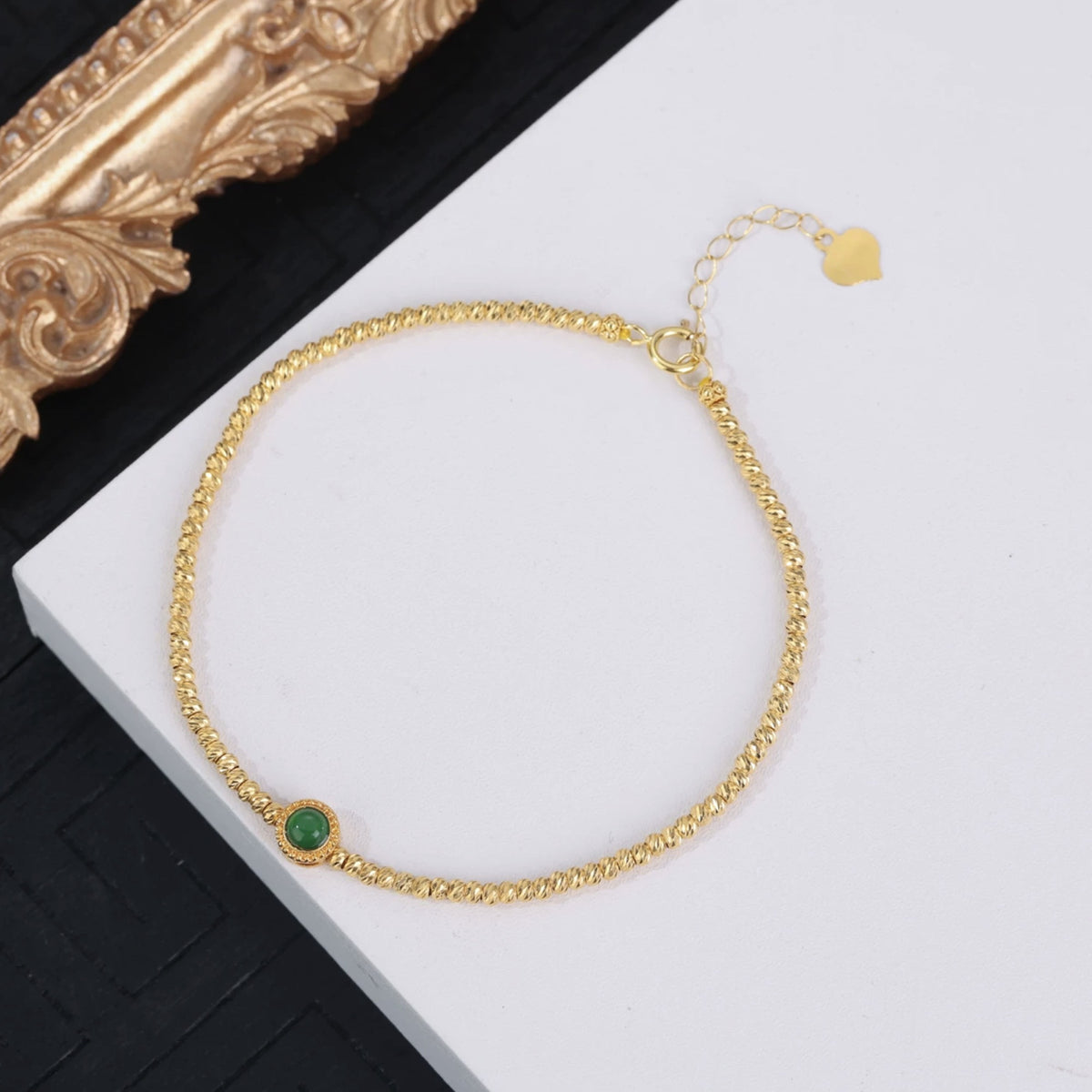 18K Solid Gold Bead Bracelet with Green Jade