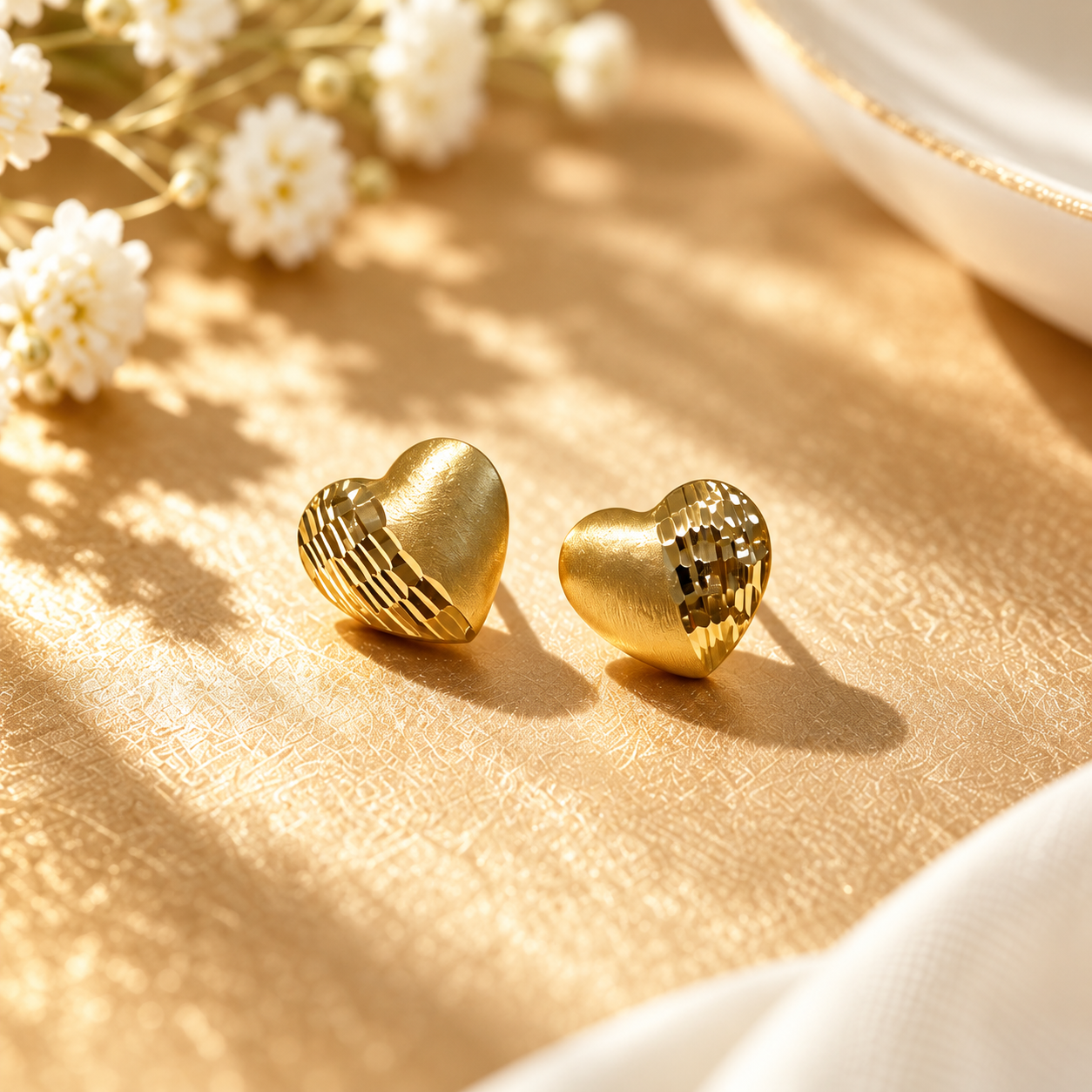 18K Solid Gold Heart Stud Earrings, Diamond-Cut & Brushed Finish, Minimalist Love Gift