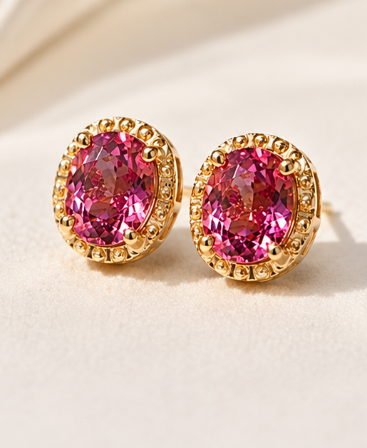 Natural Pink Tourmaline Stud Earrings, Oval Faceted Gemstones, K Gold Setting