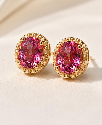 Natural Pink Tourmaline Stud Earrings, Oval Faceted Gemstones, K Gold Setting