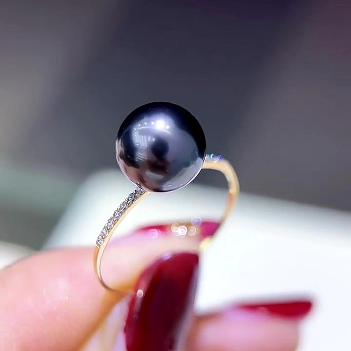 18K Solid Gold Tahitian Pearl Ring, 8-9mm Black Seawater Pearl, Elegant Solitaire Jewelry