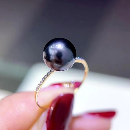 18K Solid Gold Tahitian Pearl Ring, 8-9mm Black Seawater Pearl, Elegant Solitaire Jewelry