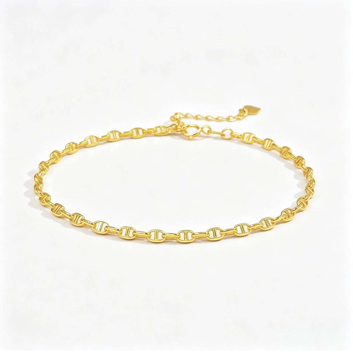 18K Solid Gold Mariner Link Bracelet – Dainty Anchor Chain Bracelet, Adjustable 16–19 cm