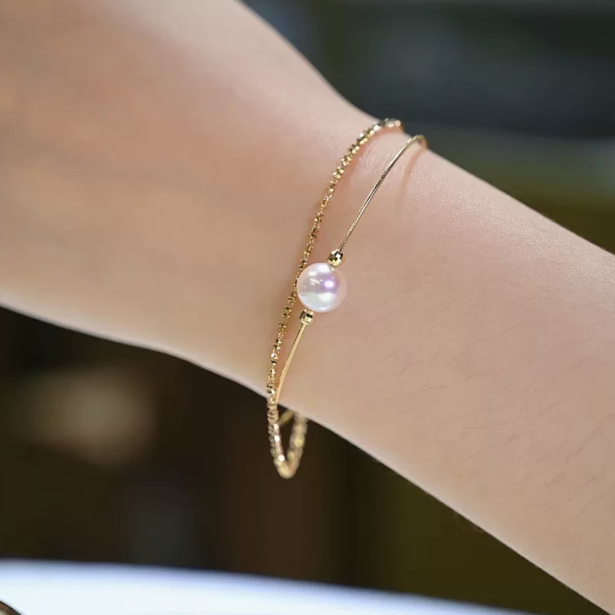 18K Solid Gold Akoya Pearl Double Bangle