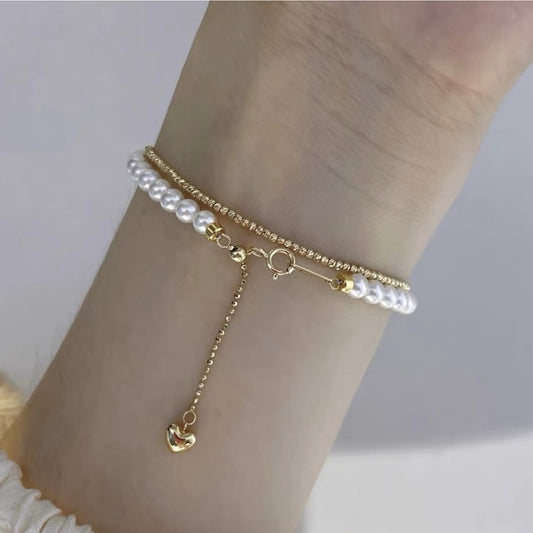 18K Solid Gold Baby Pearl Bracelet – Dainty Round Pearls with Heart Slider Chain
