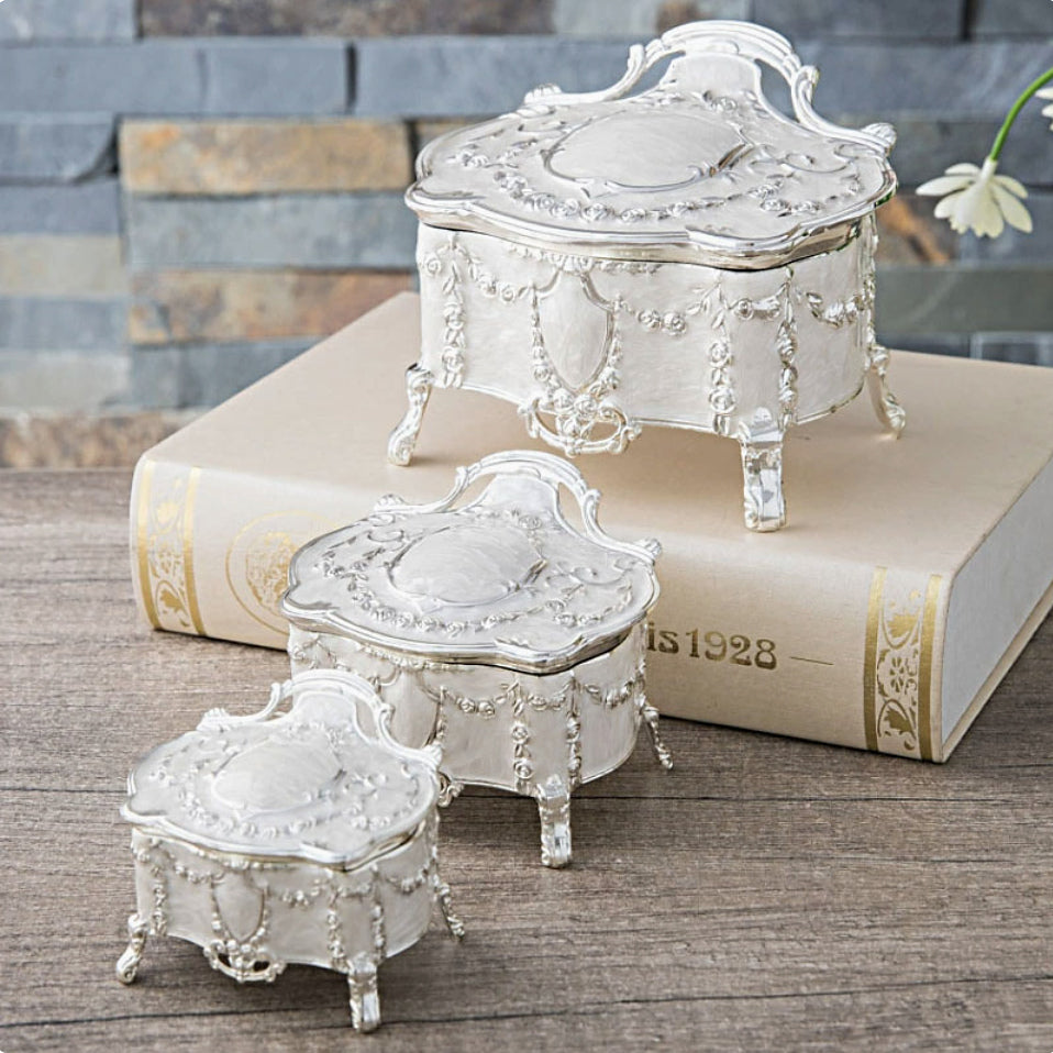 Vintage Baroque Jewelry Box – Rose Garland Footed Trinket Box, Pearl White or Antique Pewter