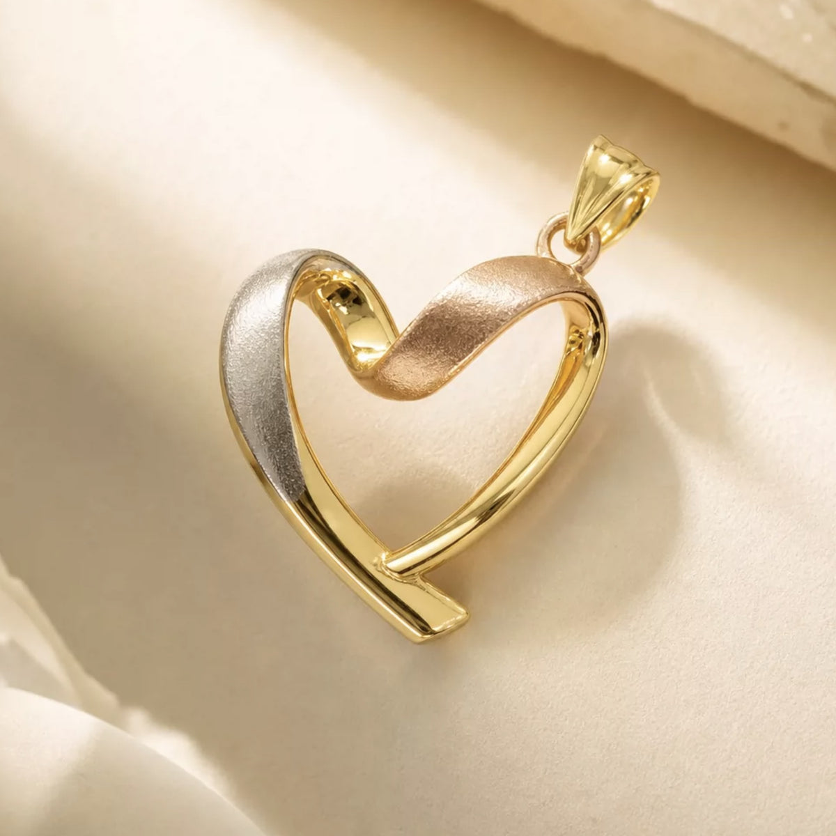 18K Tri-Color Gold Ribbon Heart Pendant – Brushed and Polished Open Heart