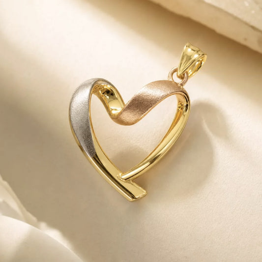 18K Tri-Color Gold Ribbon Heart Pendant – Brushed and Polished Open Heart