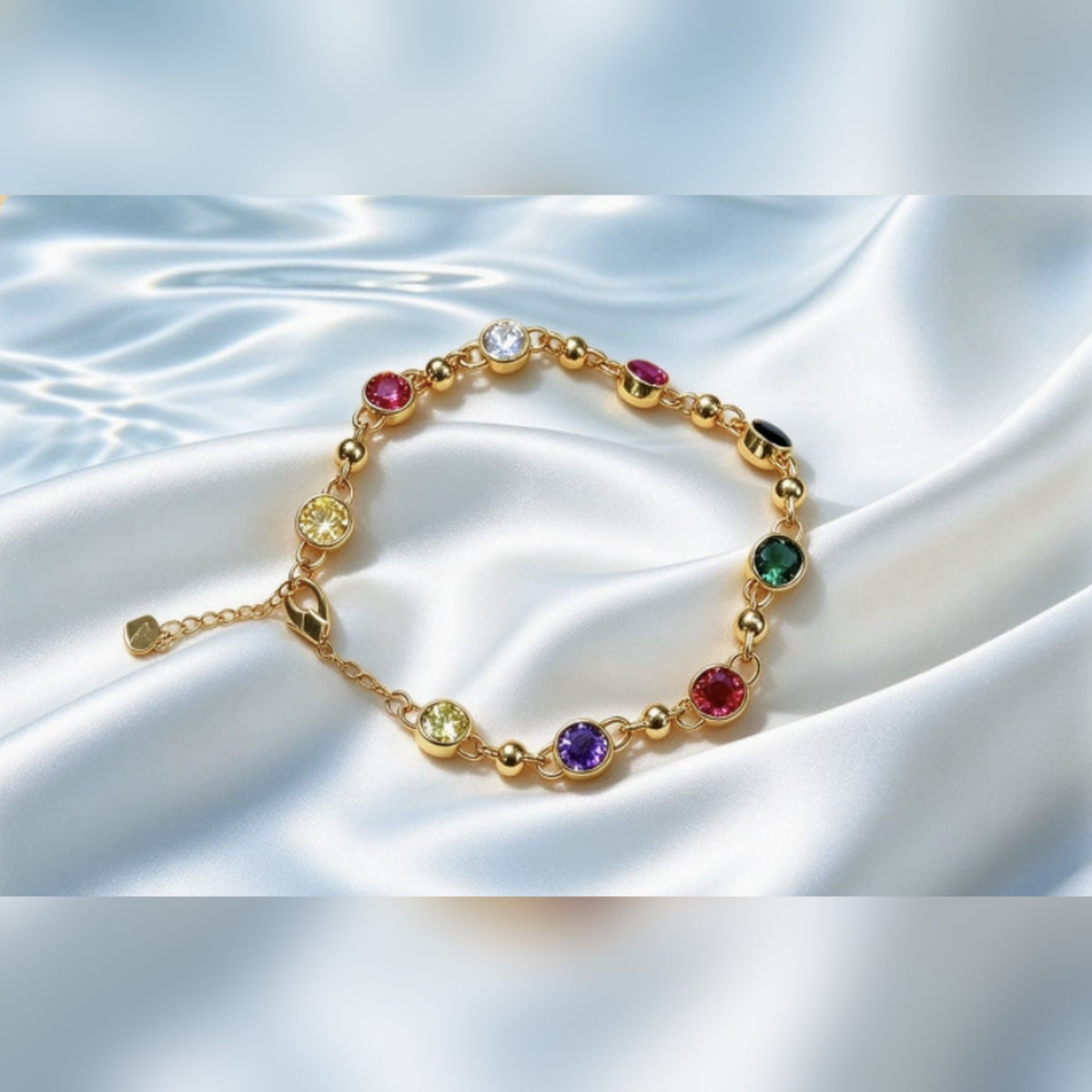 18K Gold Rainbow Bezel Bracelet – Multicolor Stone and Gold Bead Station Bracelet