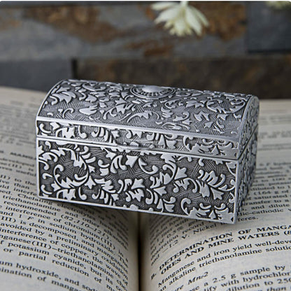 Vintage Treasure Chest Jewelry Box – Antique Pewter Floral Trinket Box with Velvet Lining