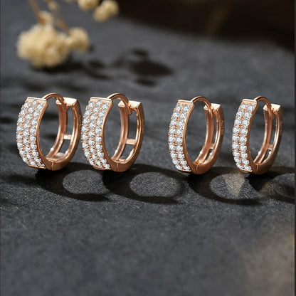 18K Rose Gold Pavé Huggie Hoops – 2 or 3 Rows Sparkle Hoop Earrings 12 mm, Pair