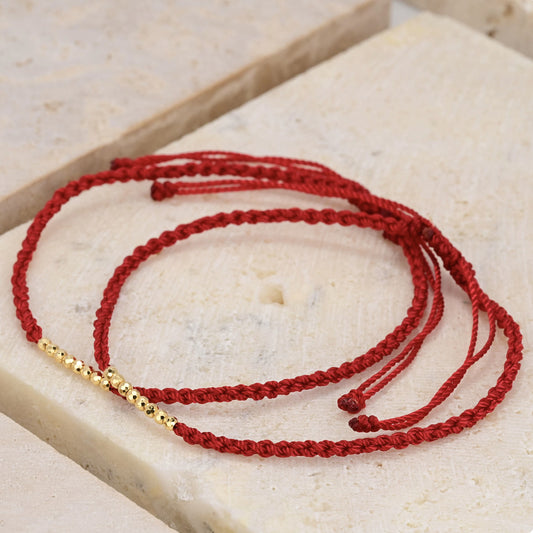 18K Solid Gold Eight Bead Red String Bracelet – Dainty Braided Cord, Adjustable
