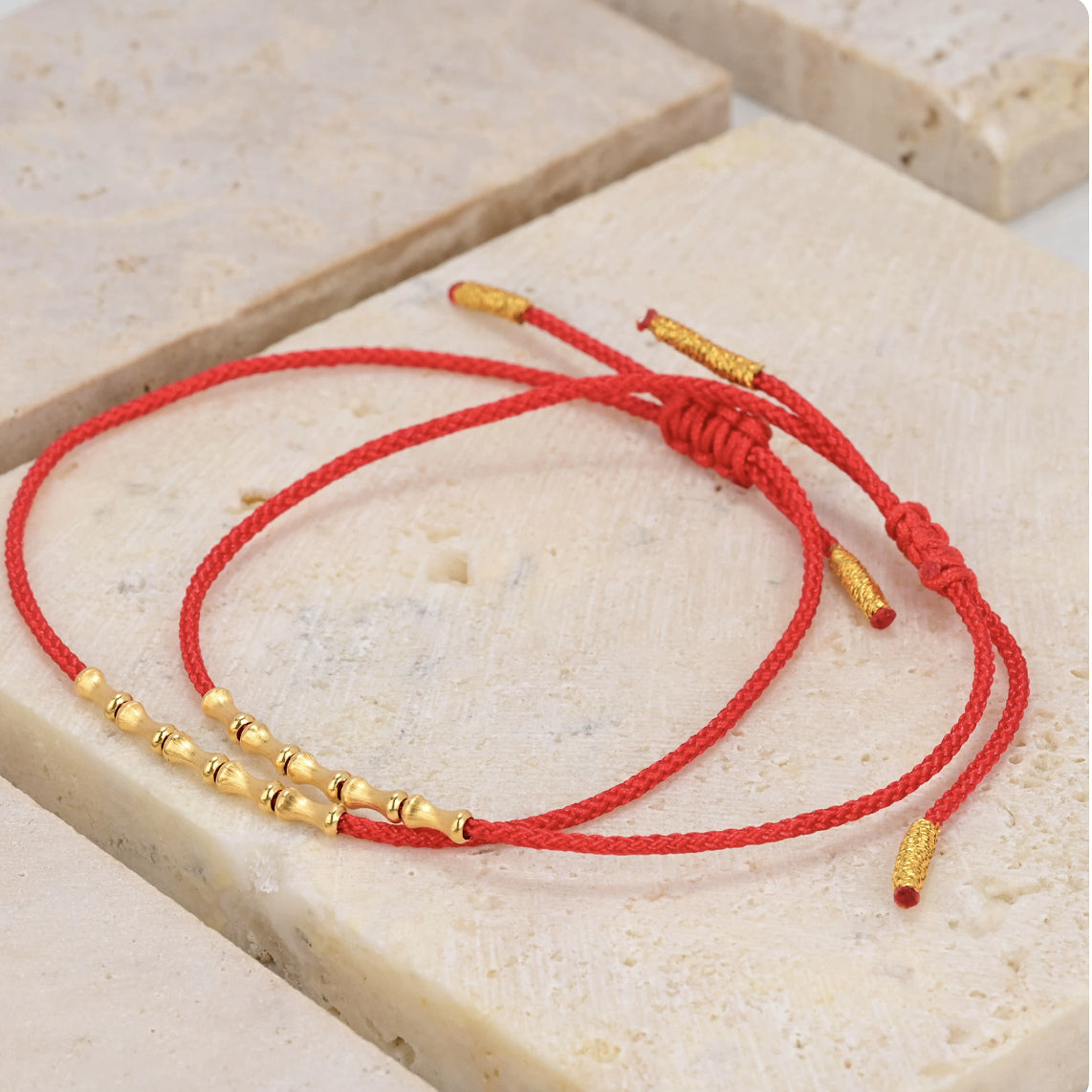 18K Solid Gold Bamboo Bead Red String Bracelet – Brushed Gold, Adjustable Cord