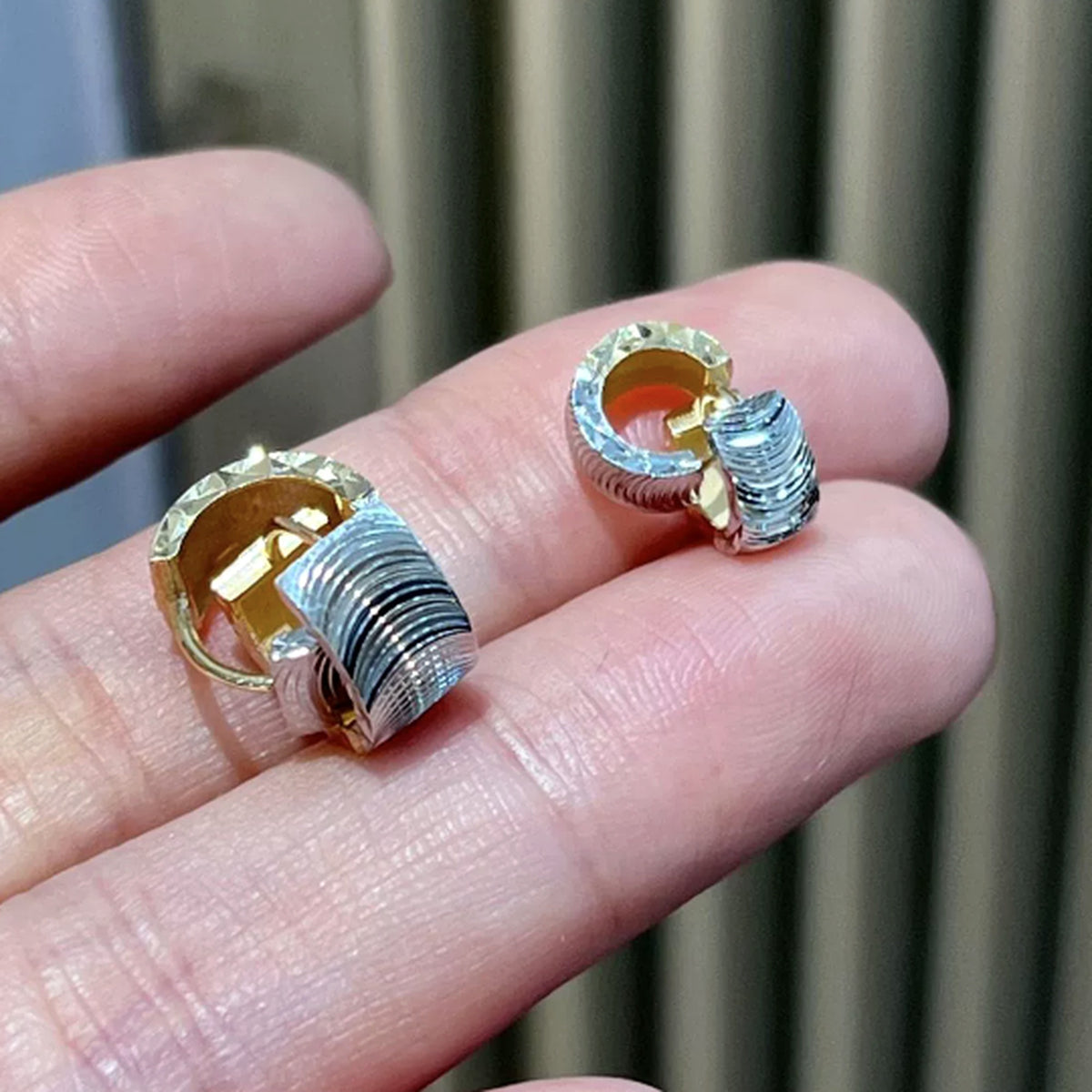 18K Solid Gold Two-Tone Huggie Hoops – Wave Engraved