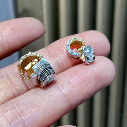 18K Solid Gold Two-Tone Huggie Hoops – Wave Engraved