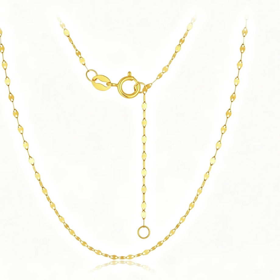 18K Solid Gold Sparkle Mirror Chain – Dainty Lips Link Necklace 45 cm