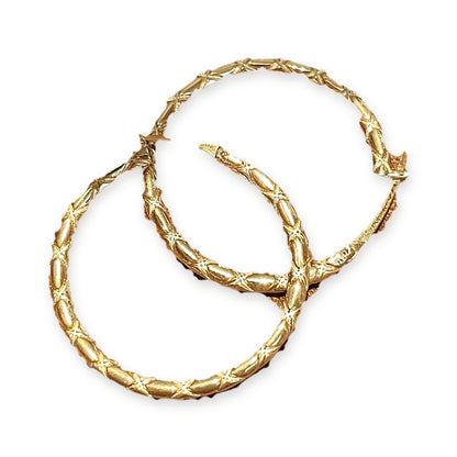 18K Solid Gold Engraved Criss-Cross Hoops