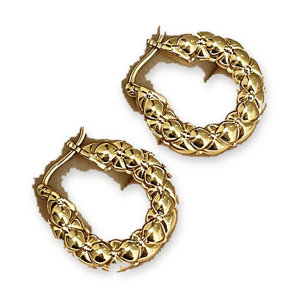 18K Solid Gold Puffed Floral Hoops