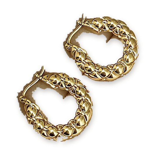 18K Solid Gold Puffed Floral Hoops