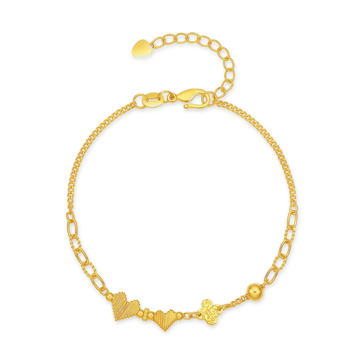 24K Pure Gold Heart & Clover Charm Bracelet