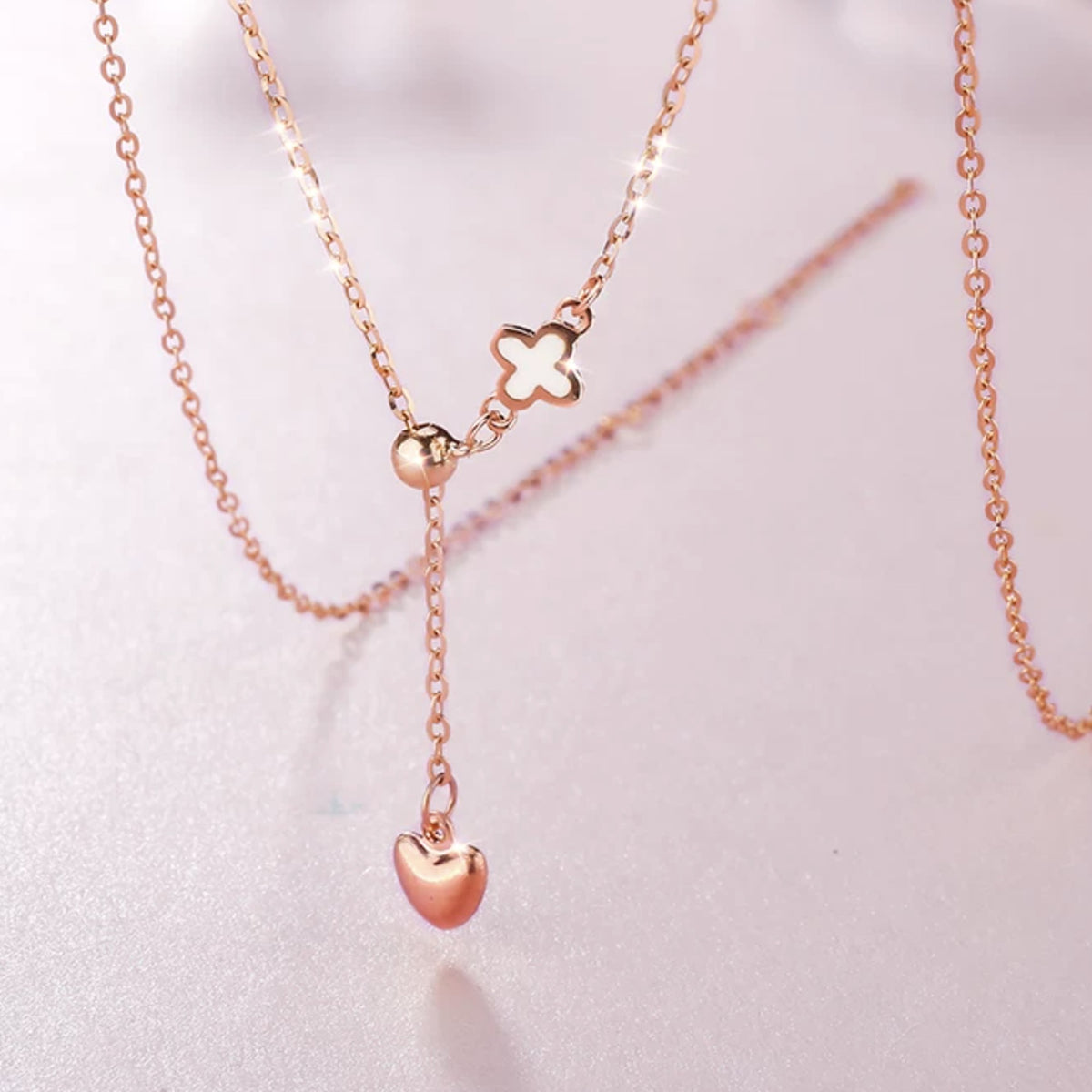 18K Gold Clover and Heart Lariat Necklace – Adjustable Y Necklace