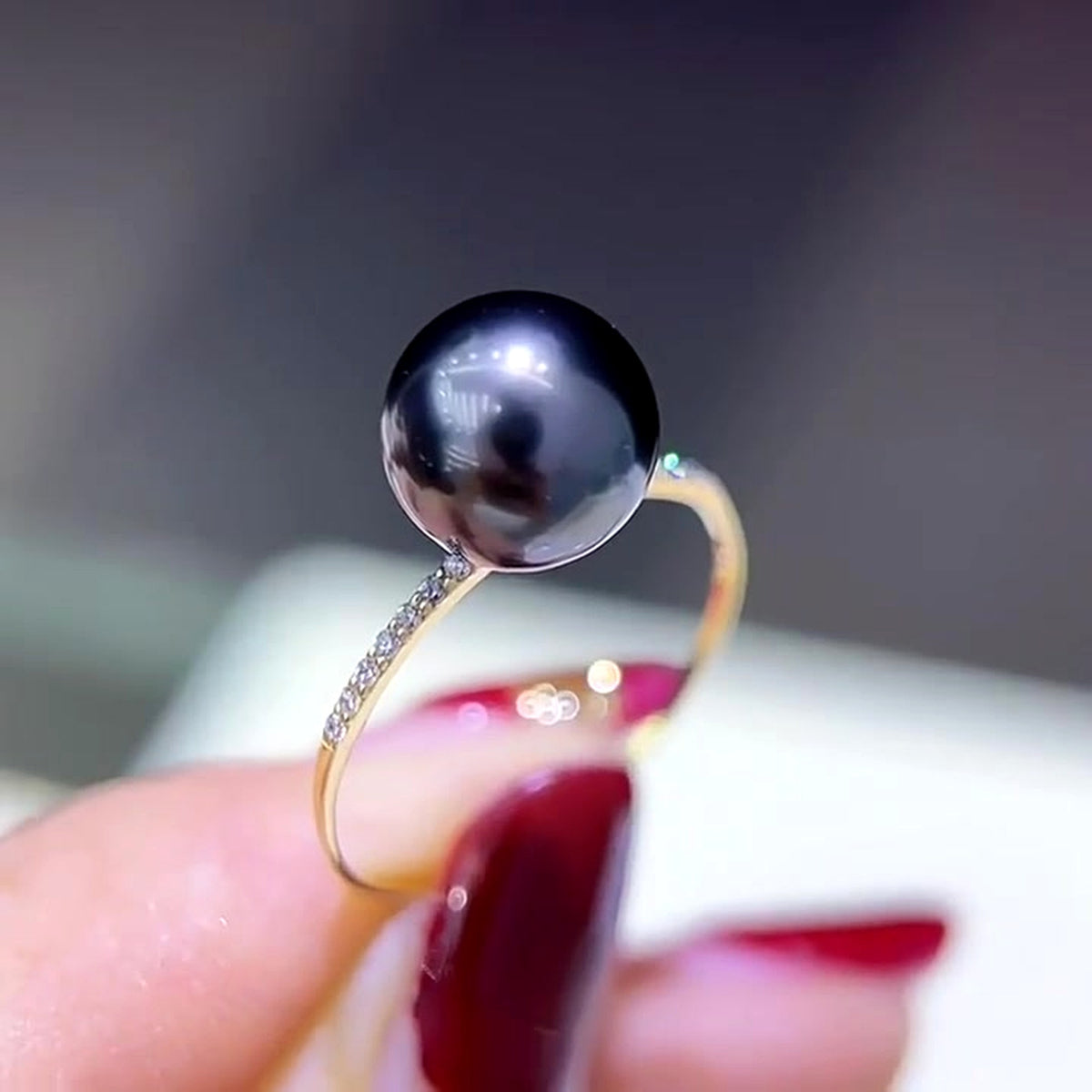 18K Solid Gold Tahitian Pearl Ring, 8-9mm Black Seawater Pearl, Elegant Solitaire Jewelry