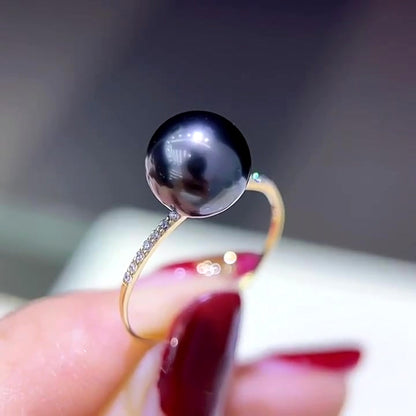 18K Solid Gold Tahitian Pearl Ring, 8-9mm Black Seawater Pearl, Elegant Solitaire Jewelry