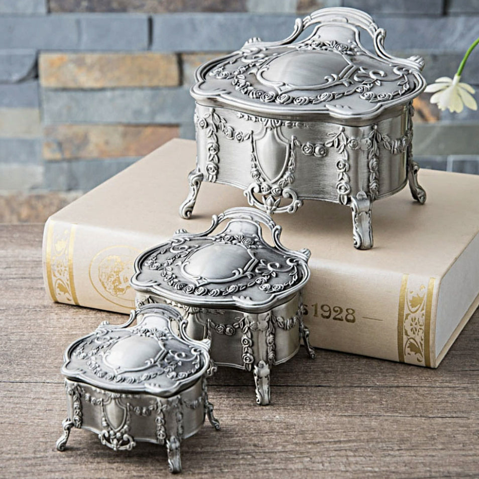 Vintage Baroque Jewelry Box – Rose Garland Footed Trinket Box, Pearl White or Antique Pewter