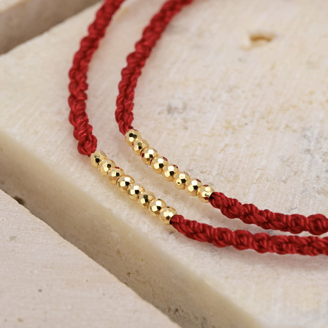 18K Solid Gold Eight Bead Red String Bracelet – Dainty Braided Cord, Adjustable