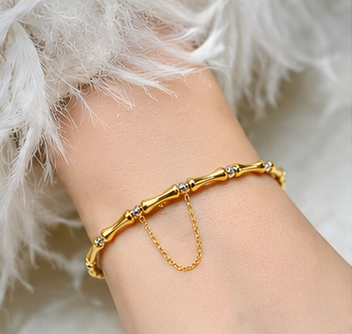 18K Solid Gold Bamboo Link Bracelet with Two-Tone Beads