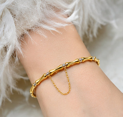 18K Solid Gold Bamboo Link Bracelet with Two-Tone Beads