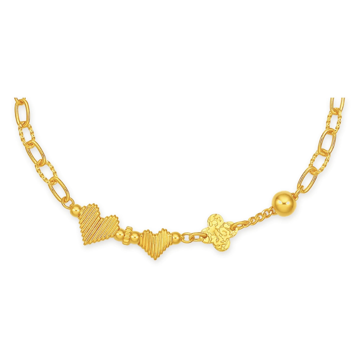 24K Pure Gold Heart & Clover Charm Bracelet