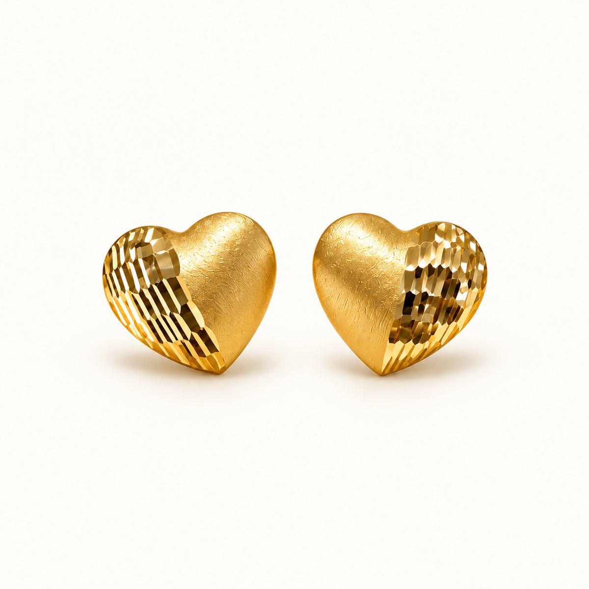 18K Solid Gold Heart Stud Earrings, Diamond-Cut & Brushed Finish, Minimalist Love Gift