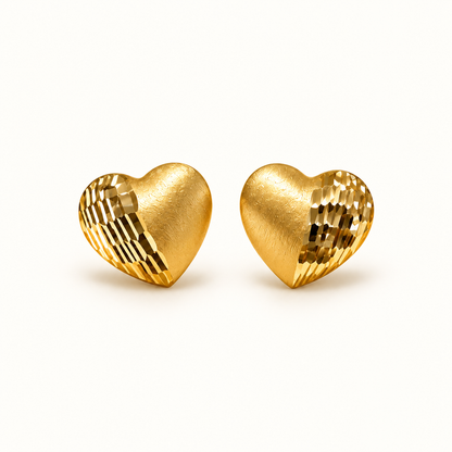 18K Solid Gold Heart Stud Earrings, Diamond-Cut & Brushed Finish, Minimalist Love Gift