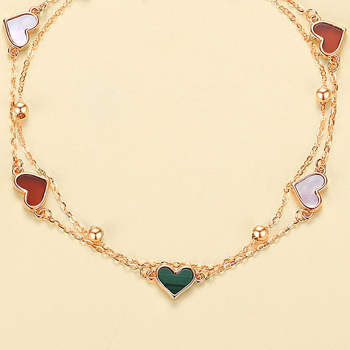 18K Rose Gold Double Chain Heart Bracelet with Agate, Mother of Pearl & Malachite